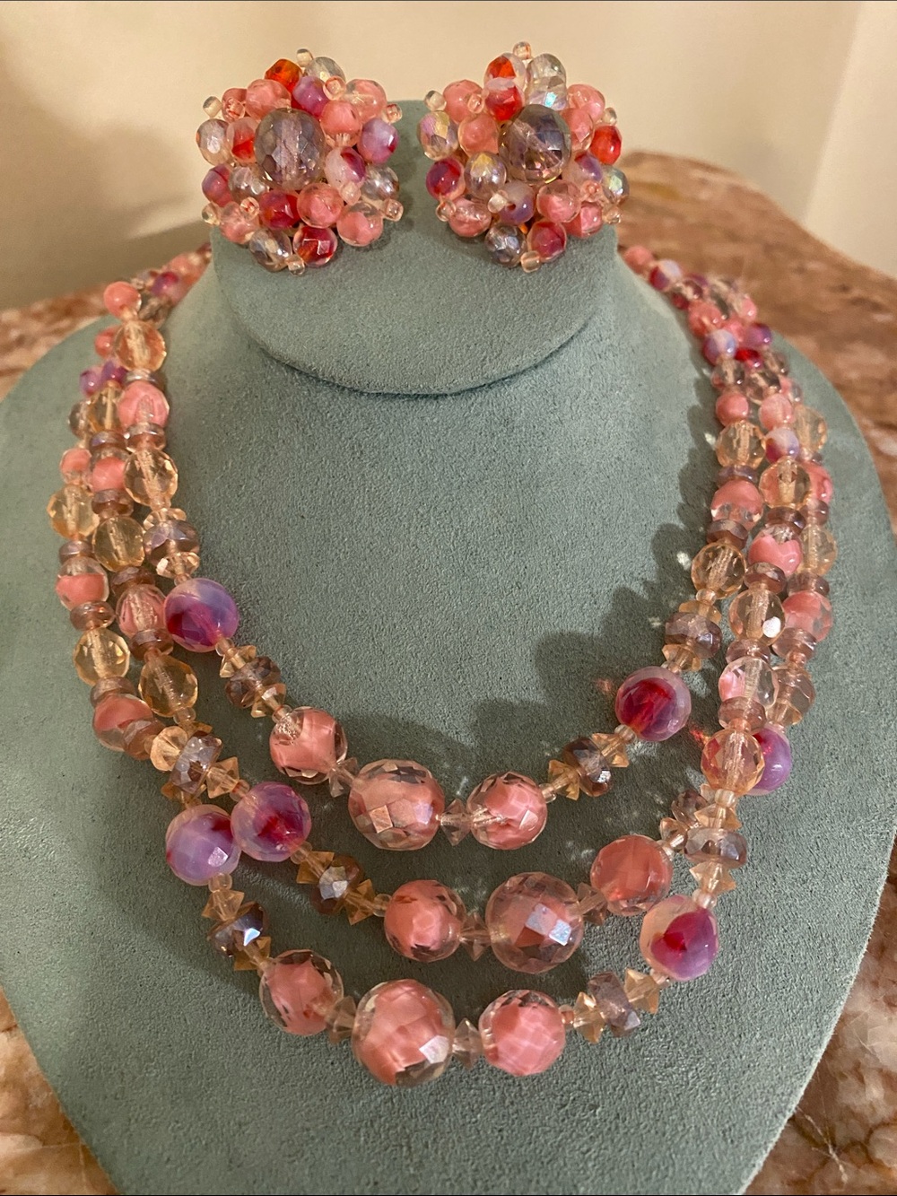 Vintage Pink Multiple Stand Beaded Necklace Matching ClusterClip On Earrings Set